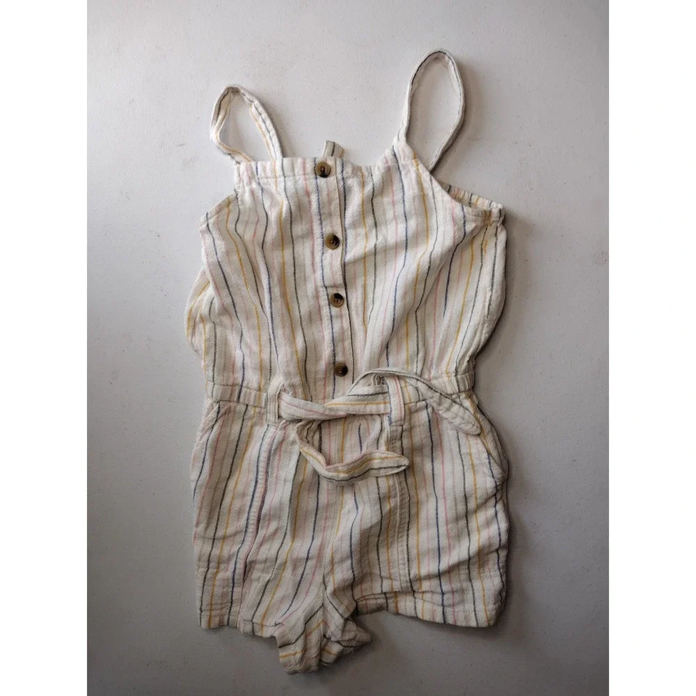 Old Navy Girls Linen Blend Striped Button Front Romper Cream Multi Color Size S